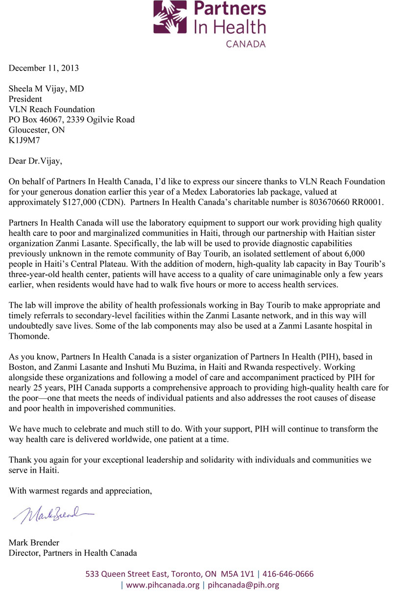 Letter of thanks from Partners in Health Canada